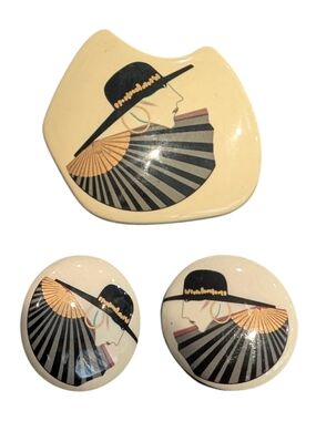 Art Deco Woman Ceramic ByBrooch Set And Earrings Set in Black, Gold, Cream
